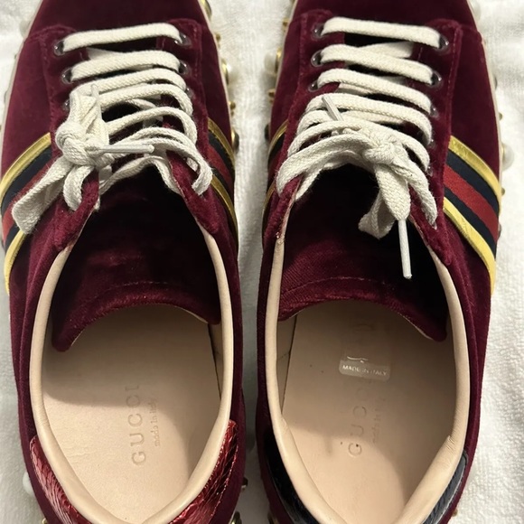 $1180 LkNEW GUCCI Burgundy Velvet New Ace Faux-Pearl Platform Sneakers RARE 37.5 - Picture 9 of 14